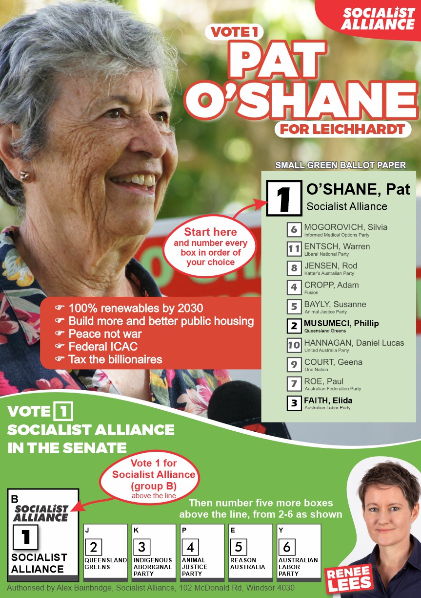 How to vote Pat O'Shane, Socialist Alliance for Leichhardt 2022