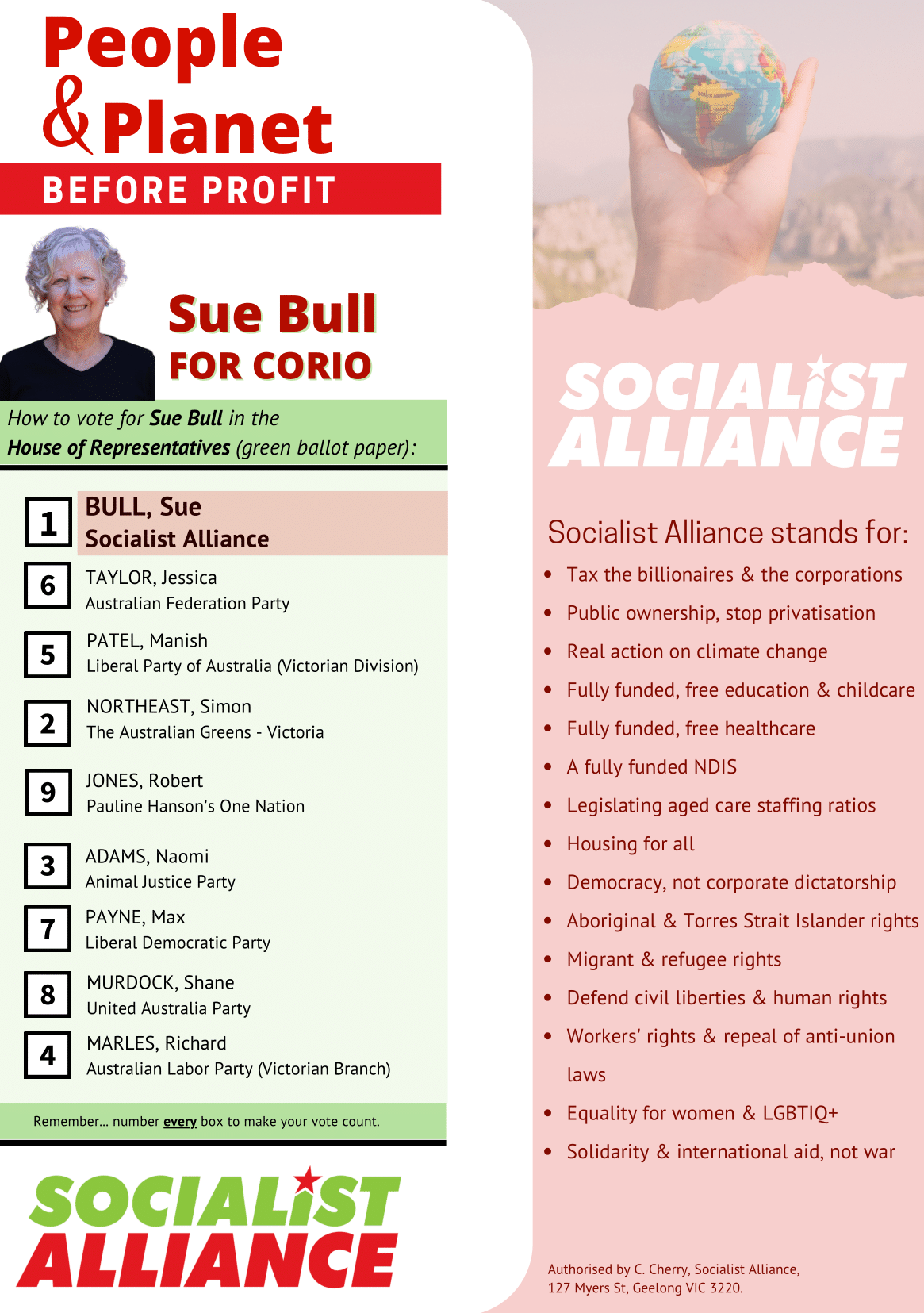How to vote Sue Bull, Socialist Alliance for Corio in Victoria 2022