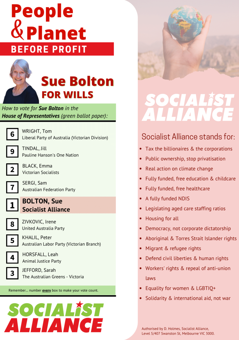 How to vote Sue Bolton, Socialist Alliance for Wills