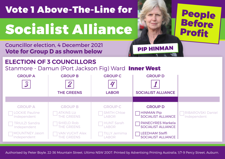 Socialist Alliance Inner West Council 2021 elections how to vote