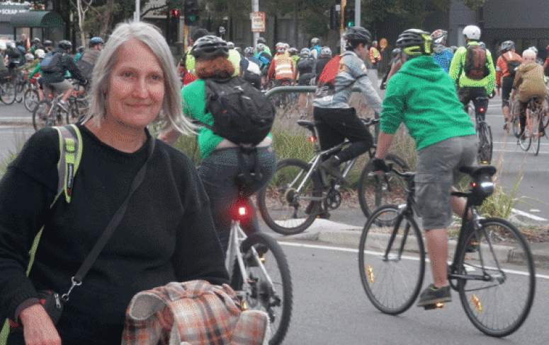 Sue Bolton protesting for protection of cyclists