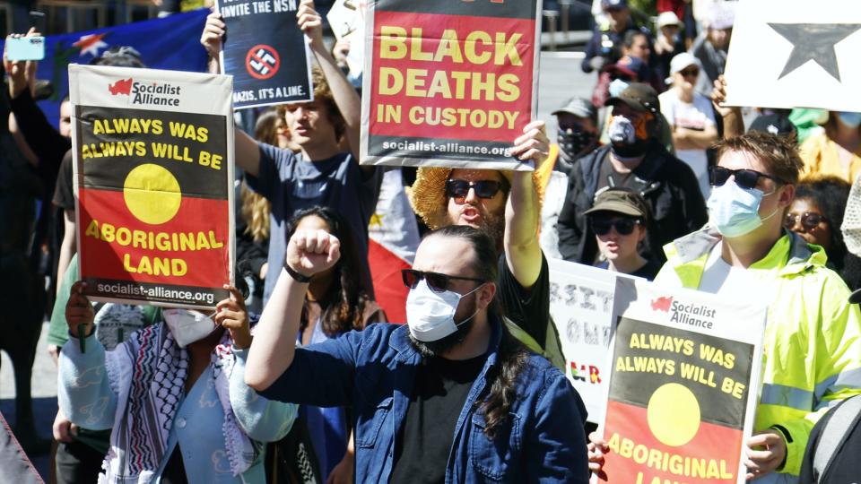Socialist Alliance members marching against racism in Magan-djin/Brisbane, August 31