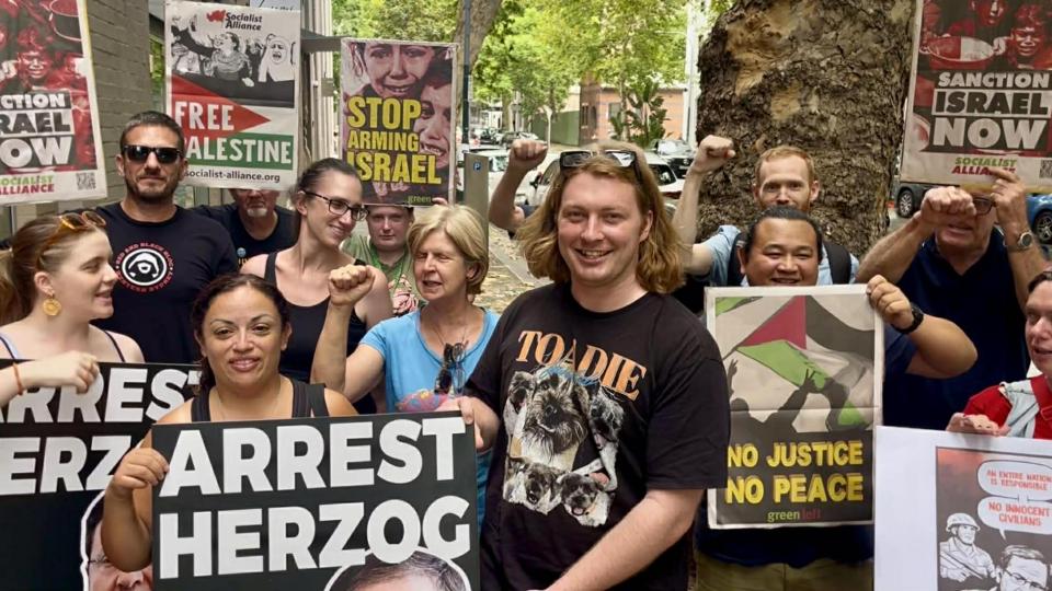 Socialist Alliance members protesting againt the visit of the Israeli president to Australia