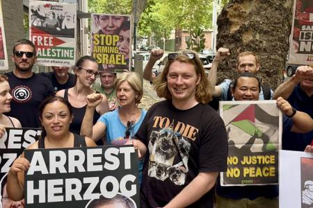 Socialist Alliance members protesting againt the visit of the Israeli president to Australia