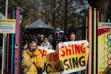 Rachel Evans and Isaac Nellist campaigning against public housing demolitions in Glebe