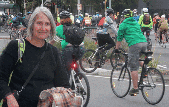 Sue Bolton, Moreland City Councillor. Sue Bolton protesting for protection of cyclists